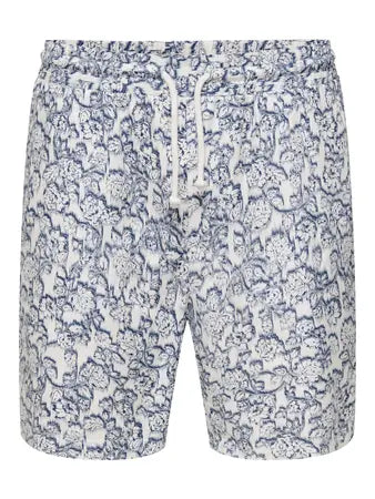 Korte broek voor heren met bloemenprint in blauw en wit. Bij Burned Sports