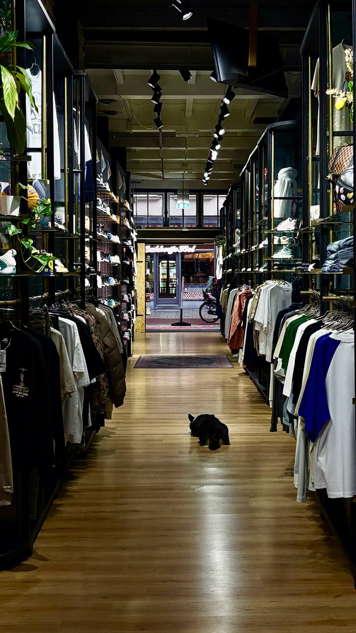 De winkelgang van Burned Sports in Den Bosch met kledingrekken en een houten vloer, met zicht op de etalage en de straat