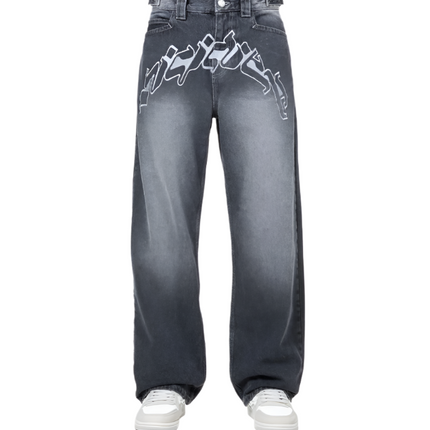 Vicinity Broek Grijs met Vicinity Logo breed over de heup aan de voorkant.