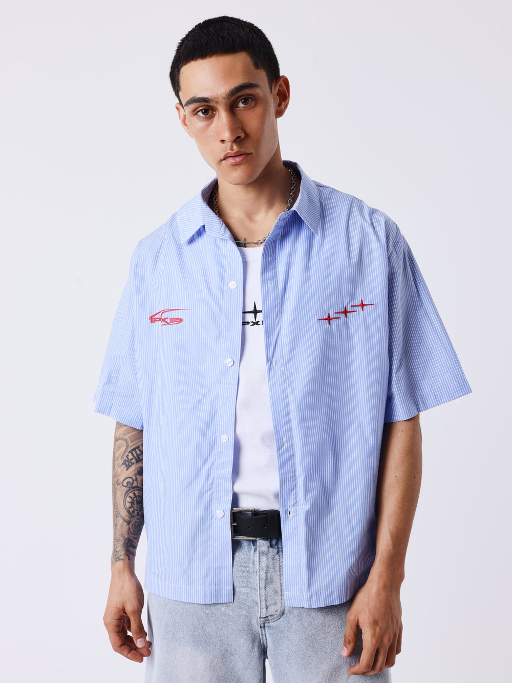 Project X Paris Pin-Stripe Cropped Loose Shirt Blue