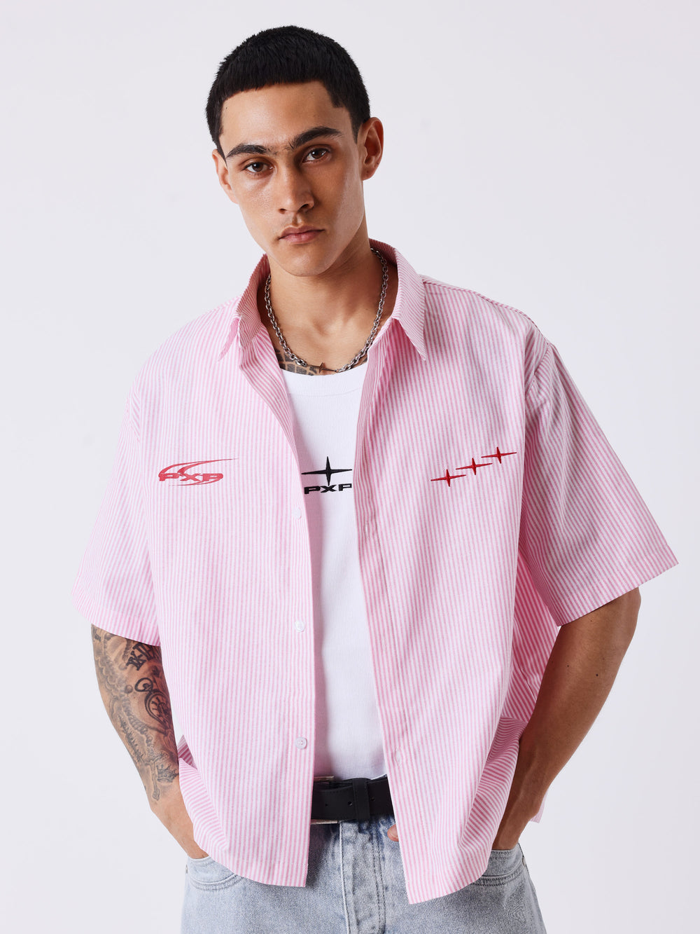 Project X Paris Pin-Stripe Cropped Loose Shirt Pink