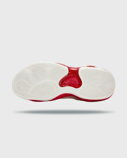 361 AG6 First Flight Red onderaanzicht van de zool wit met rood en gouden details en lijnen voor grip