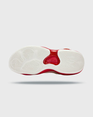 361 AG6 First Flight Red onderaanzicht van de zool wit met rood en gouden details en lijnen voor grip