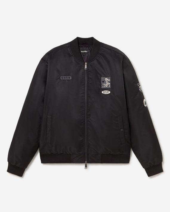 Kaotiko Asakusa bomber zwart, voorkant met rits en geborduurde patches