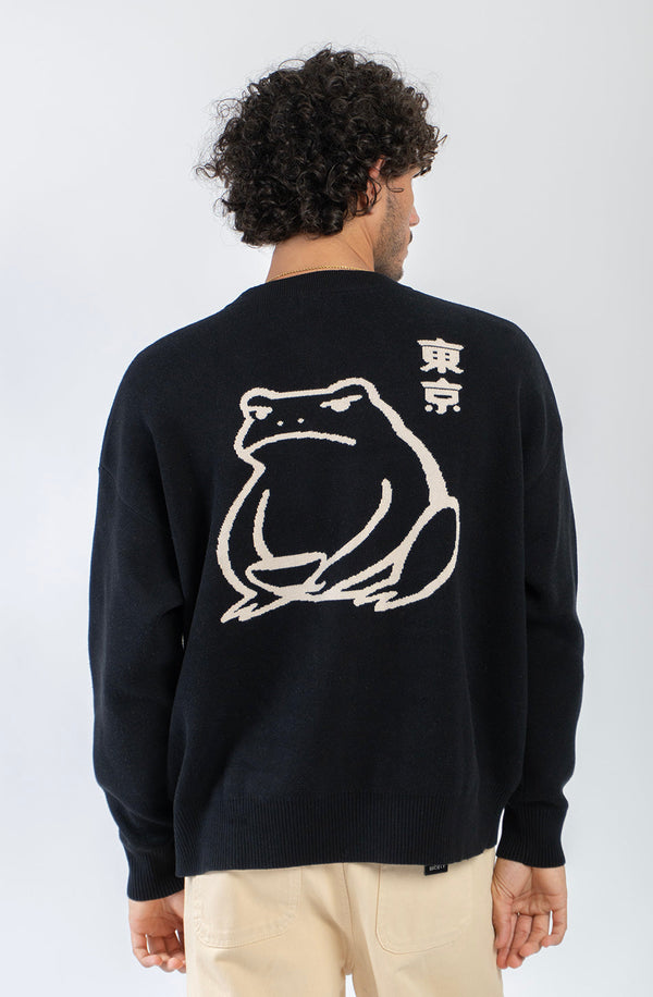 Kaotiko Ramen Frog trui zwart, achterkant gedragen door een model
