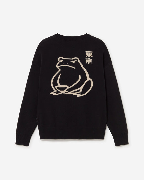 Kaotiko Ramen Frog trui zwart, achterkant met grote crèmekleurige jacquard kikker