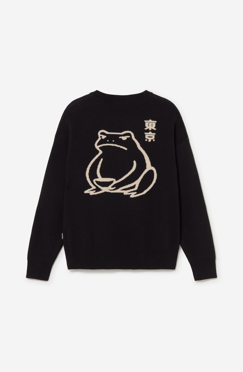 Kaotiko Ramen Frog trui zwart, achterkant met grote crèmekleurige jacquard kikker