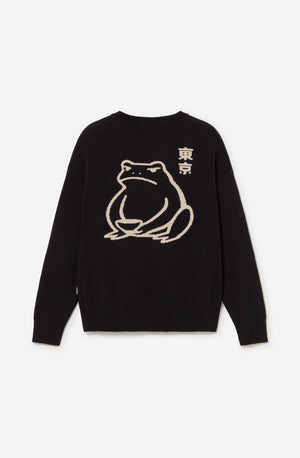 Kaotiko Ramen Frog trui zwart, achterkant met grote crèmekleurige jacquard kikker