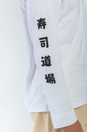 Kaotiko Noodle Temple longsleeve wit, close-up van de Japanse karakters op de mouw