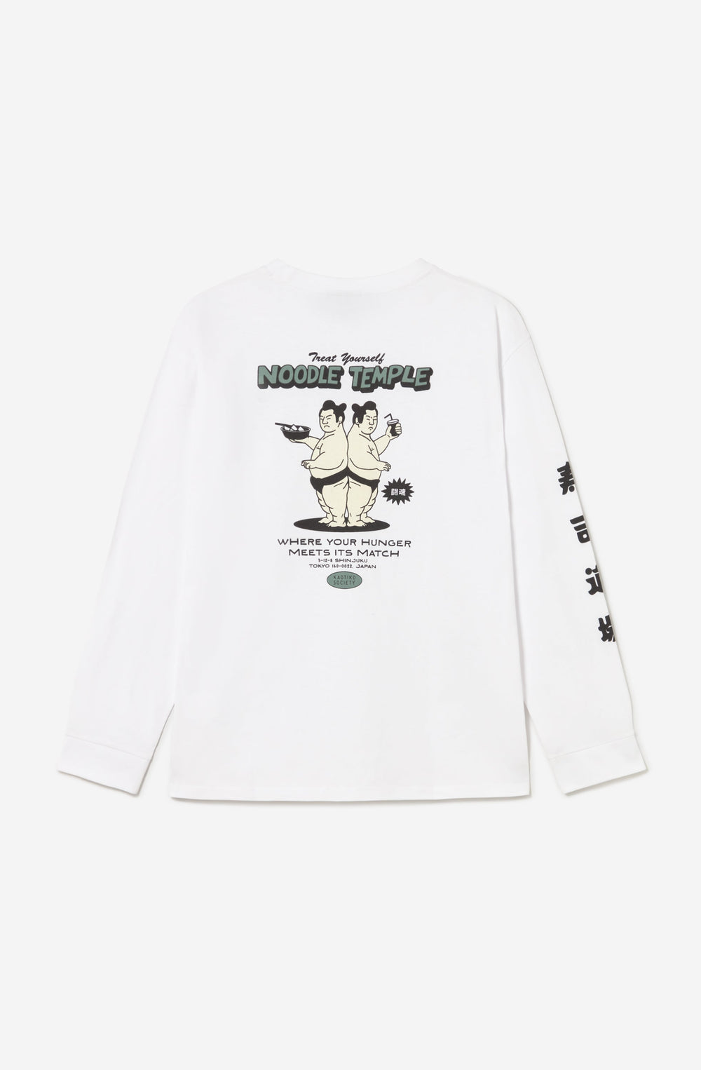 Kaotiko Noodle Temple longsleeve wit, achterkant met print en karakters op de mouw