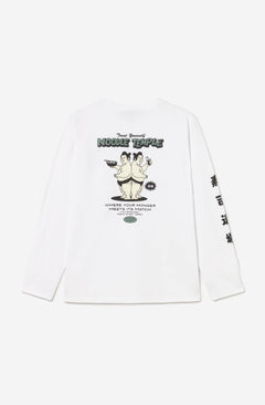 Kaotiko Noodle Temple longsleeve wit, achterkant met print en karakters op de mouw