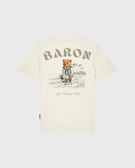 Baron Filou Backprint CXL T-Shirt Crème achterkant met opdruk baron letters en beer aan strand