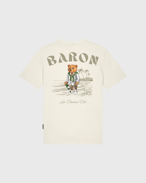 Baron Filou Backprint CXL T-Shirt Crème achterkant met opdruk baron letters en beer aan strand
