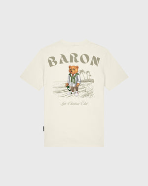 Baron Filou Backprint CXL T-Shirt Crème achterkant met opdruk baron letters en beer aan strand