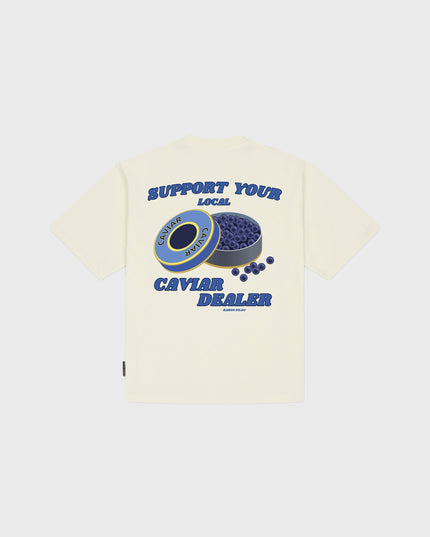 Baron Filou Backprint Caviar Dealer T-Shirt Crème achterkant caviar opdruk blauw met letters