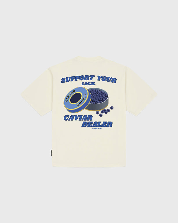 Baron Filou Backprint Caviar Dealer T-Shirt Crème achterkant caviar opdruk blauw met letters