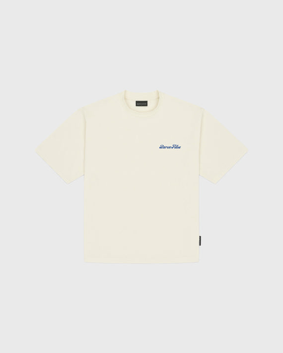 Baron Filou Backprint Caviar Dealer T-Shirt Crème opdruk baron filou letters blauw