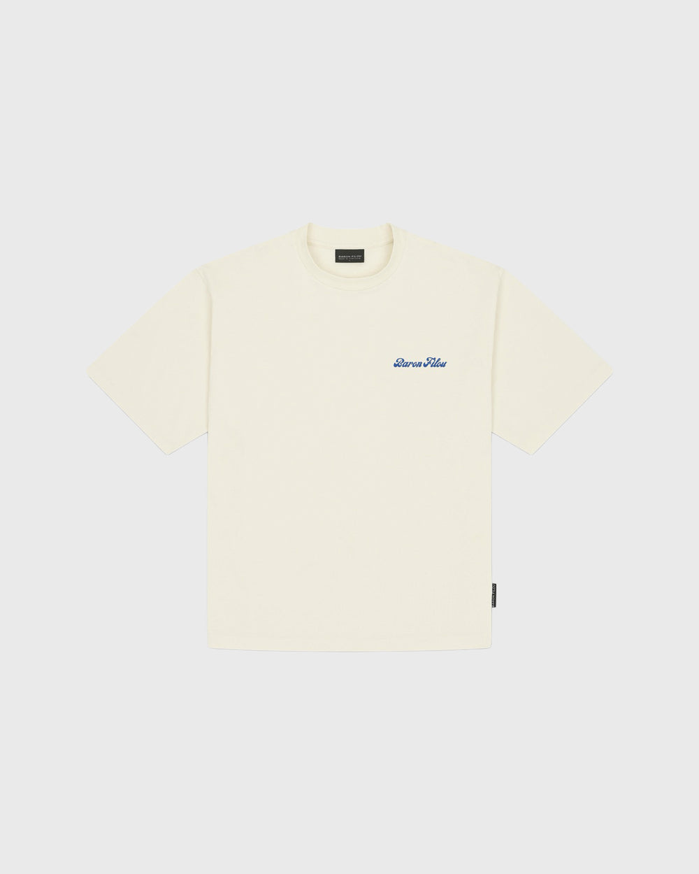 Baron Filou Backprint Caviar Dealer T-Shirt Crème achterkant caviar opdruk blauw met letters