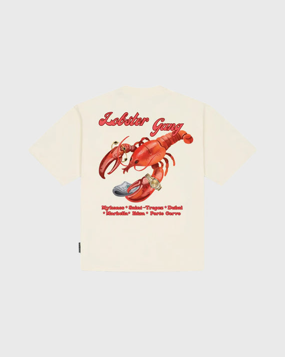Baron Filou Backprint Lobster Gang T-Shirt Crème met kreeft op de rug geprint rood met horloge en tekst