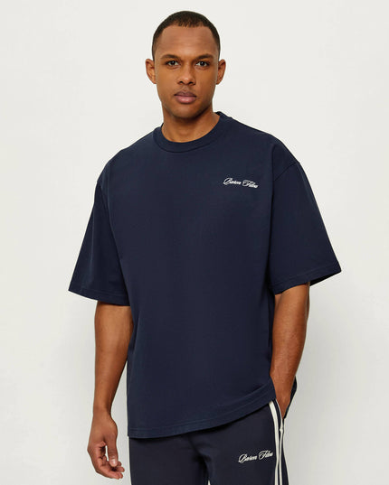 Baron Filou Backprint No Rush T-Shirt Navy vooraanzicht met model