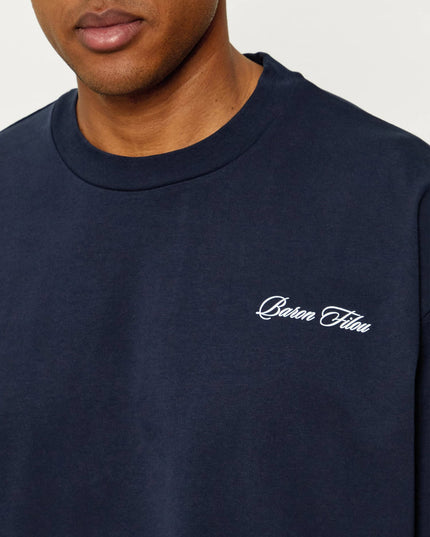 Baron Filou Backprint No Rush T-Shirt Navy close up baron filou logo