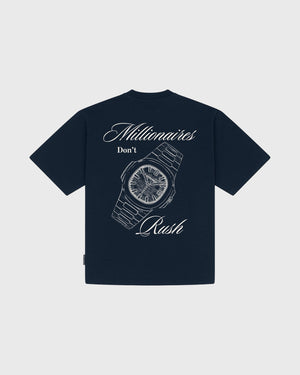 Baron Filou Backprint No Rush T-Shirt Navy achteraanzicht met opdruk van horloge en tekst 