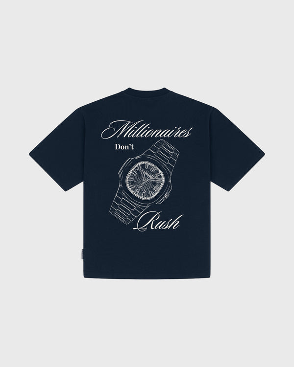 Baron Filou Backprint No Rush T-Shirt Navy achteraanzicht met opdruk van horloge en tekst 