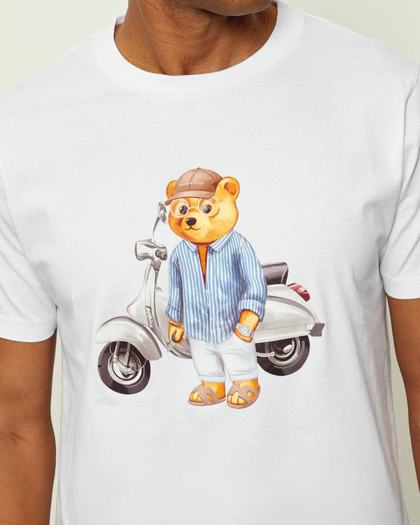 Baron Filou CLXXI T-Shirt Wit close up opdruk beer met scooter