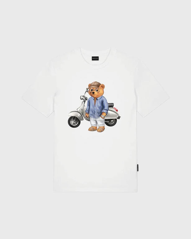 Baron Filou CLXXI T-Shirt Wit vooraanzicht opdruk beer met scooter