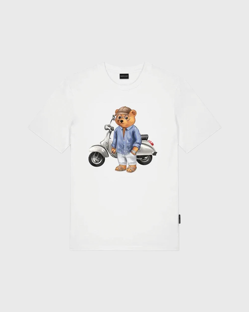 Baron Filou CLXXI T-Shirt Wit vooraanzicht opdruk beer met scooter