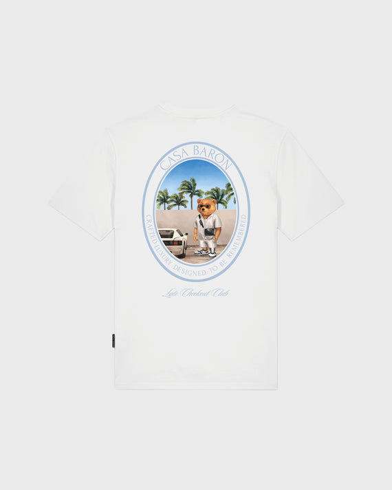 Baron Filou Oval Backprint CLXIX T-Shirt Wit achterkant opdruk beer bij auto palmbomen