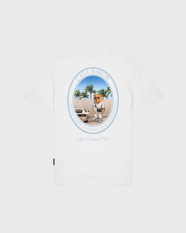 Baron Filou Oval Backprint CLXIX T-Shirt Wit achterkant opdruk beer bij auto palmbomen