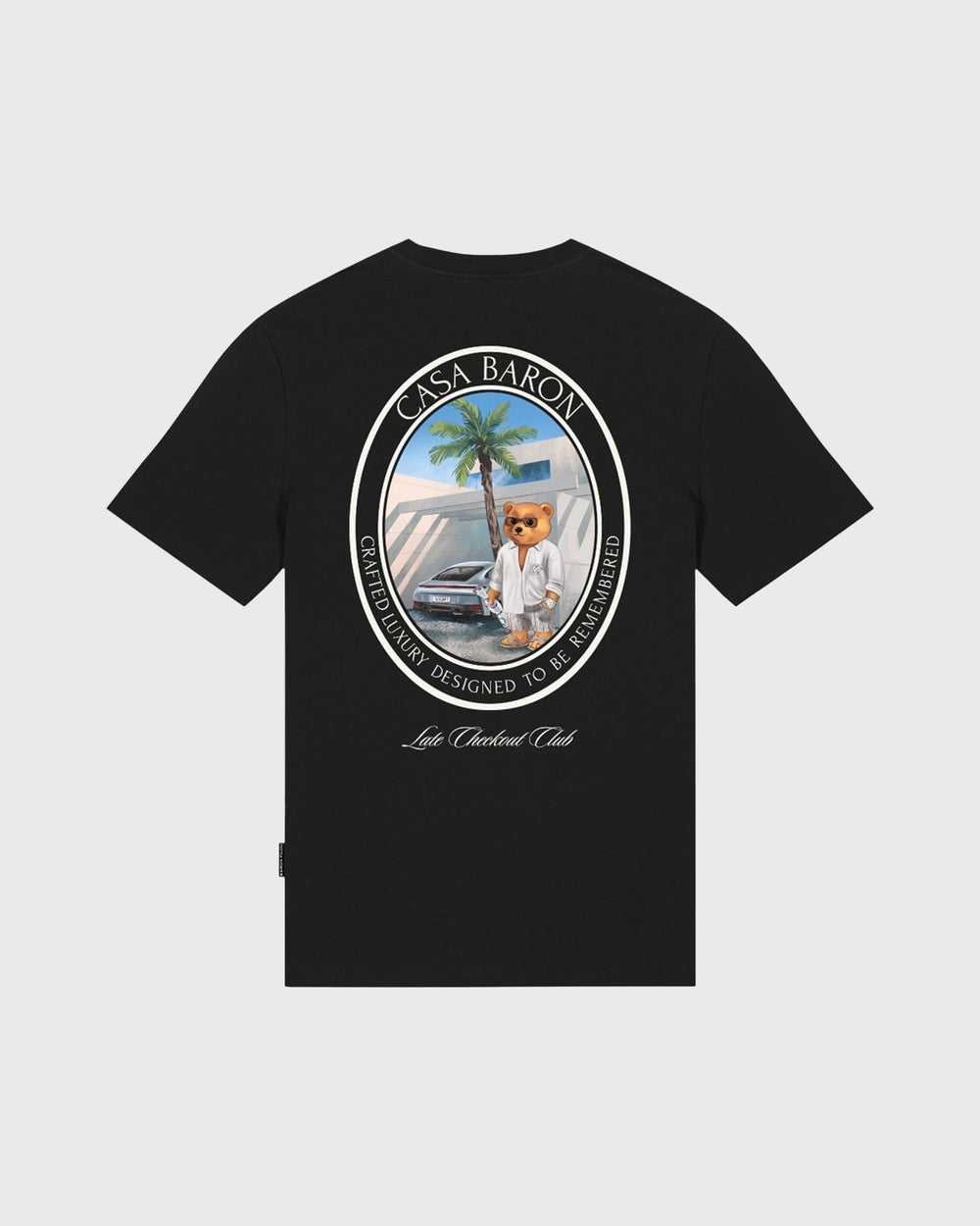Baron Filou Oval Backprint CLXVIII T-Shirt Zwart Achteraanzicht met ronde afbeelding met beer opdruk