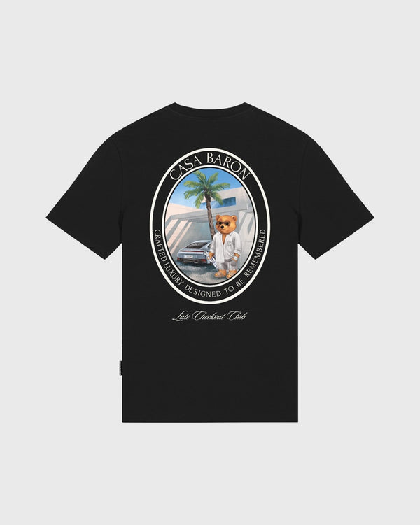 Baron Filou Oval Backprint CLXVIII T-Shirt Zwart Achteraanzicht met ronde afbeelding met beer opdruk