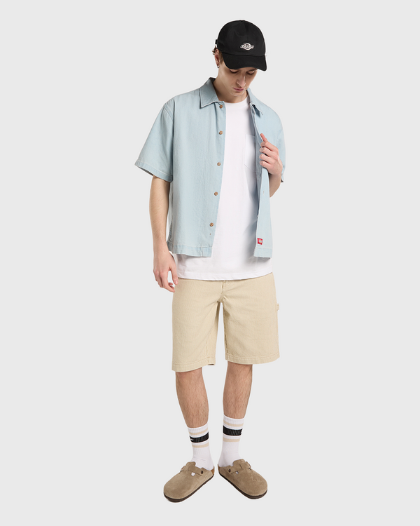 Dickies Denim Shirt SS Lichtblauw voorkant model streetwear outfit