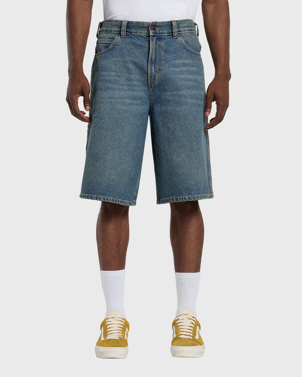 Dickies Loose Short J Khaki Blauw vooraanzicht met model 