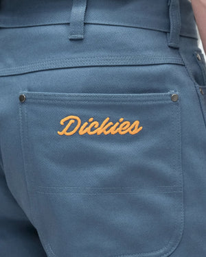 Dickies Wellsville Loose Tapered Twill Pants Indigo close up dickies letters geel