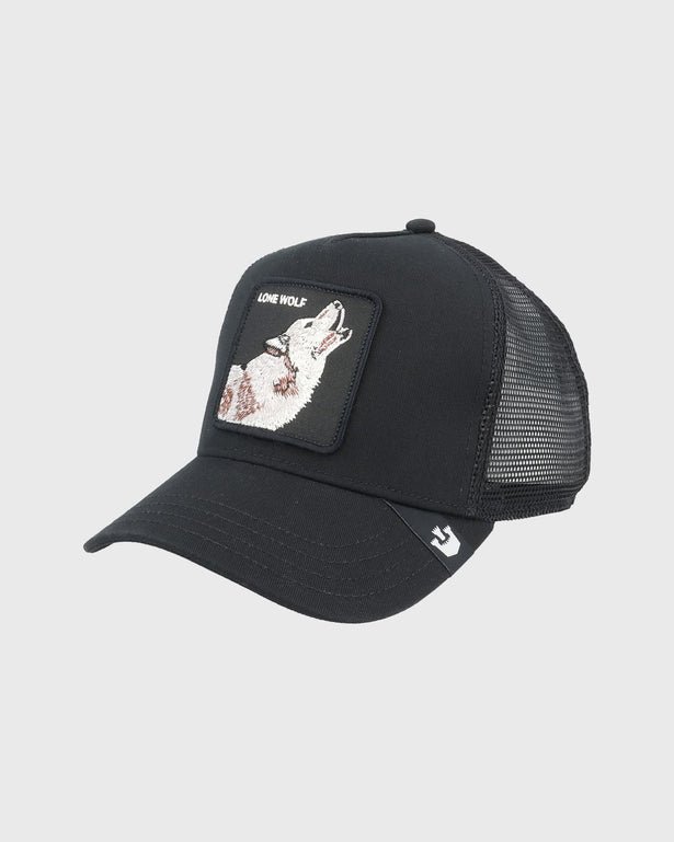 Goorin The Lone Wolf Trucker Cap Zwart zijaanzicht met print van wolf