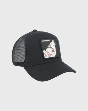 Goorin The Lone Wolf Trucker Cap Zwart zijaanzicht andere kant opdruk wolf