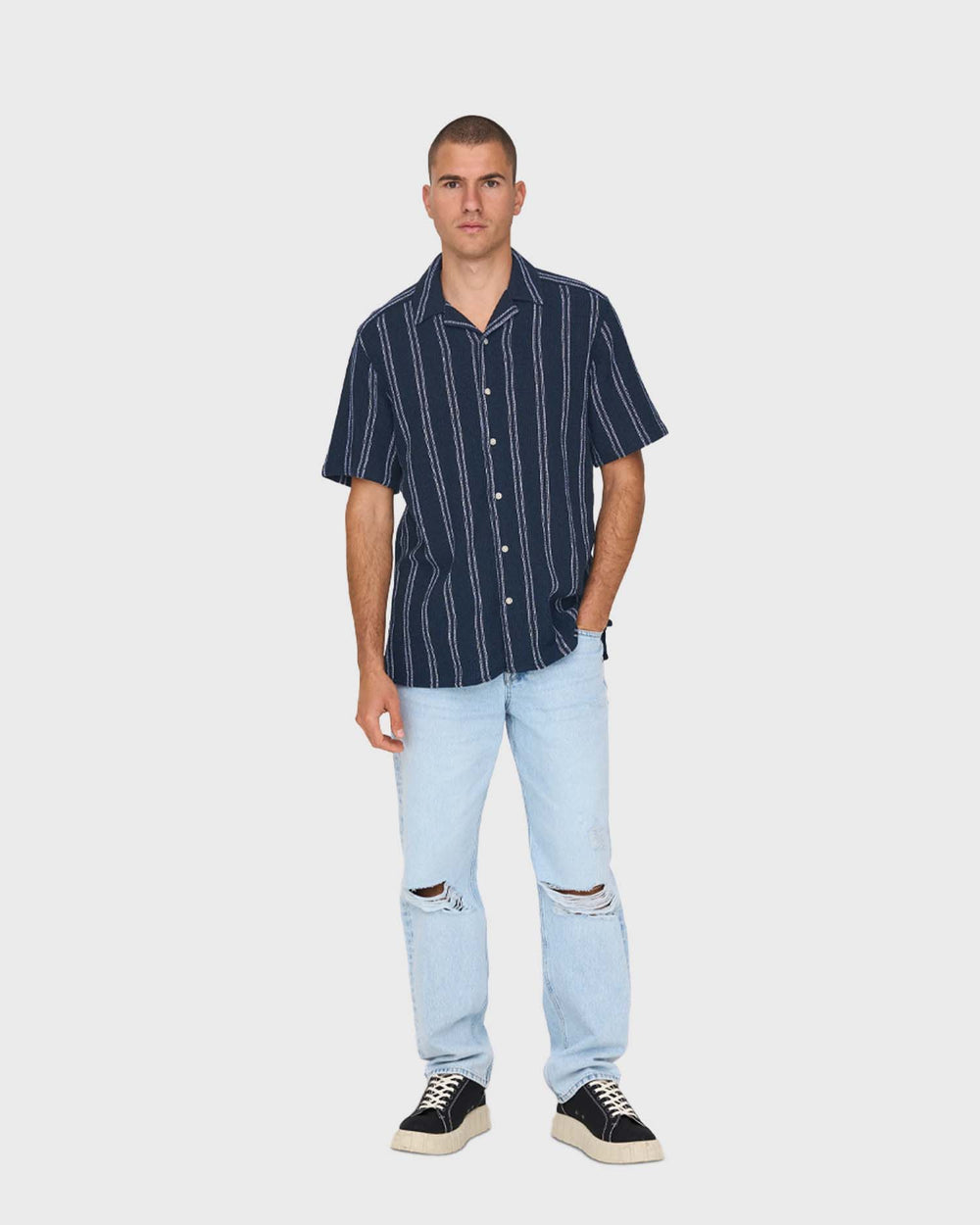 Only & Sons Trev Regular Structure Stripe Shirt Navy