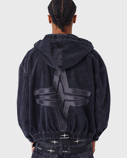 PXP Denim Vest Capuchon Zwart met model achteraanzicht