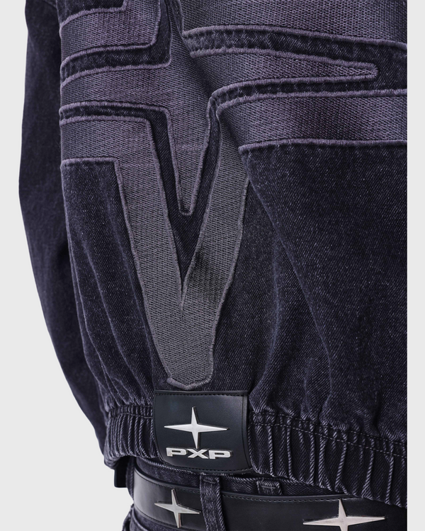 PXP Denim Vest Capuchon Zwart close up onderkant vest 