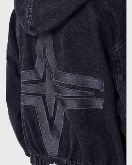 PXP Denim Vest Capuchon Zwart achteraanzicht close up polaris logo op rug vest