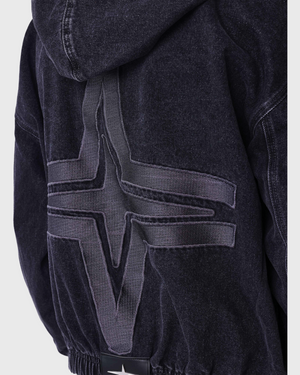 PXP Denim Vest Capuchon Zwart achteraanzicht close up polaris logo op rug vest