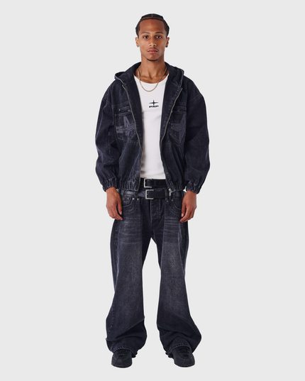 PXP Denim Vest Capuchon Zwart model streetwear outfit vooraanzicht pxp