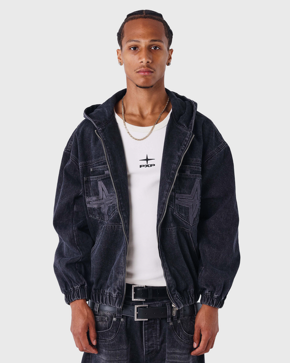 PXP Denim Vest Capuchon Zwart foto met model vooraanzicht