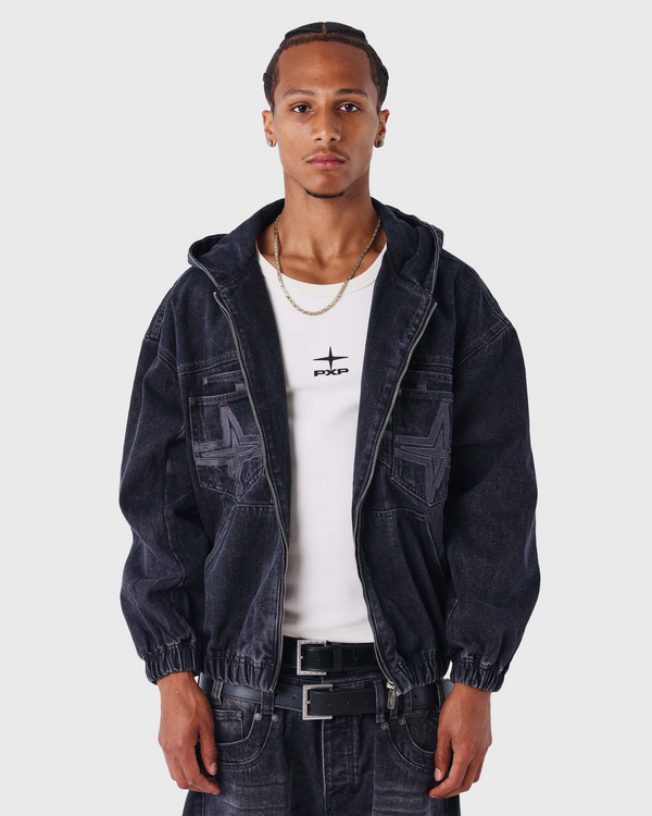 PXP Denim Vest Capuchon Zwart foto met model vooraanzicht