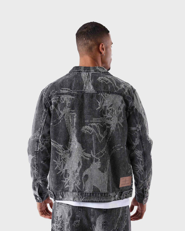 Project X Paris Plant Pattern Denim Jacket Grijs