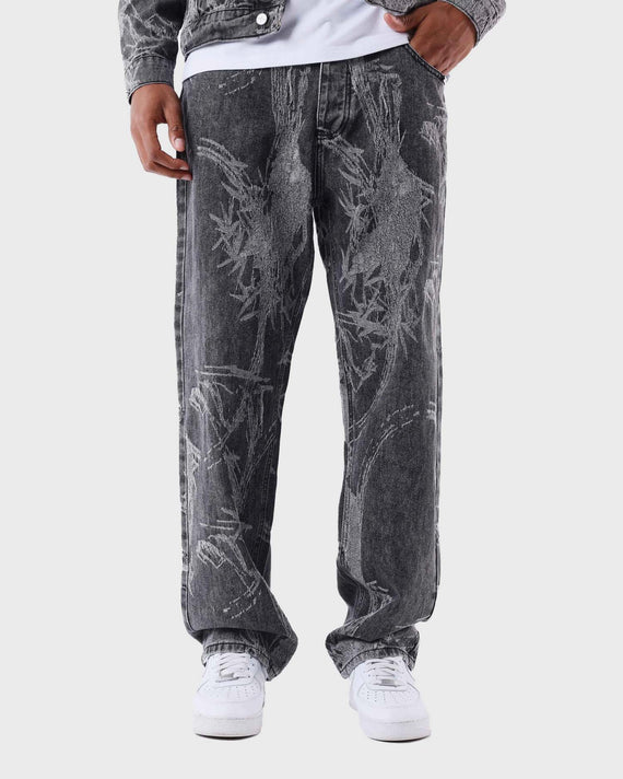 Project X Paris Plant Pattern Denim Lange Broek Grijs