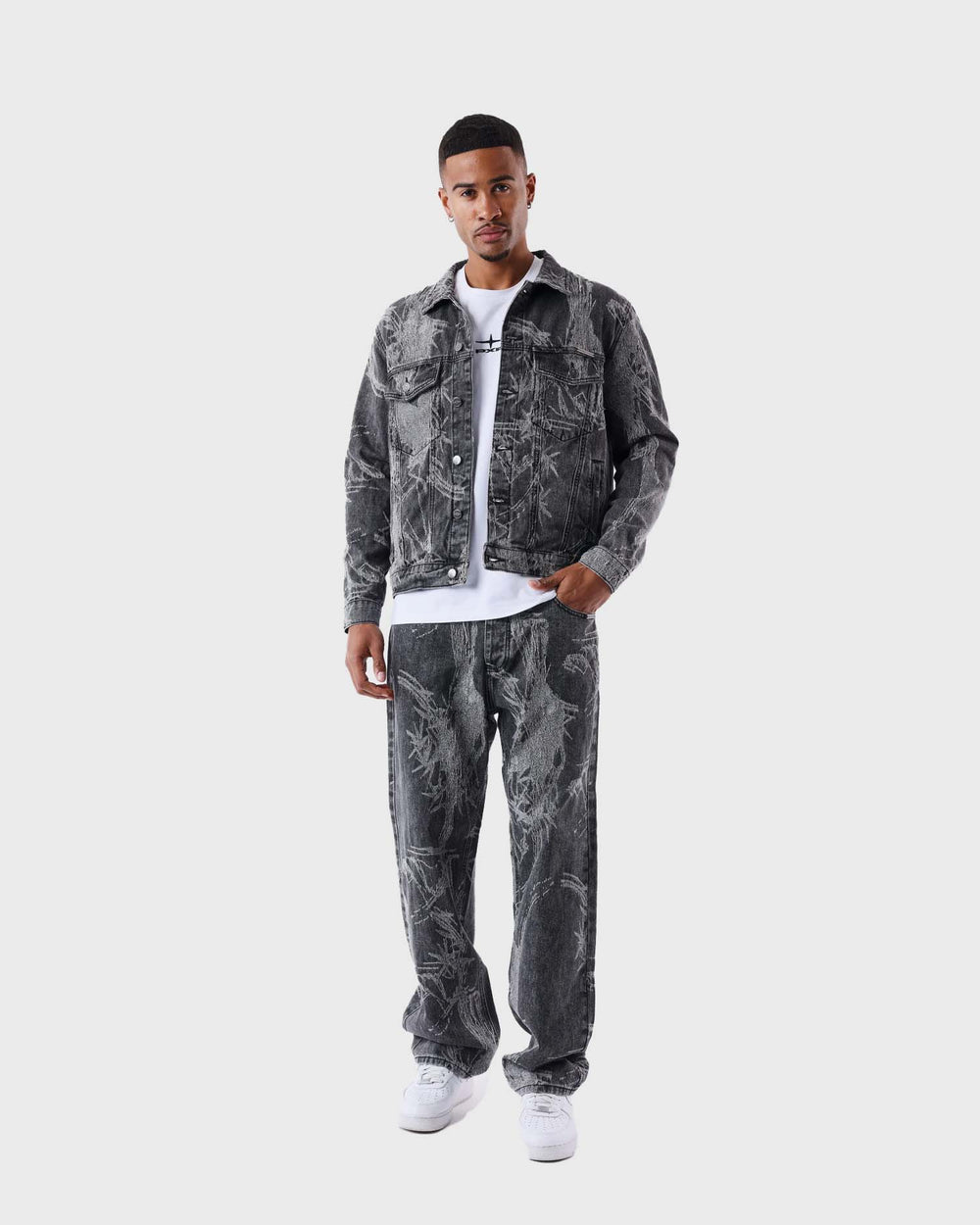 Project X Paris Plant Pattern Denim Jacket Grijs